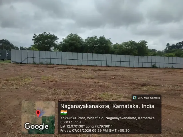 Metal boundary hoarding and a site cabin at the Godrej Florenne site in Naganayakanakote, off Whitefield, 7 August 2026