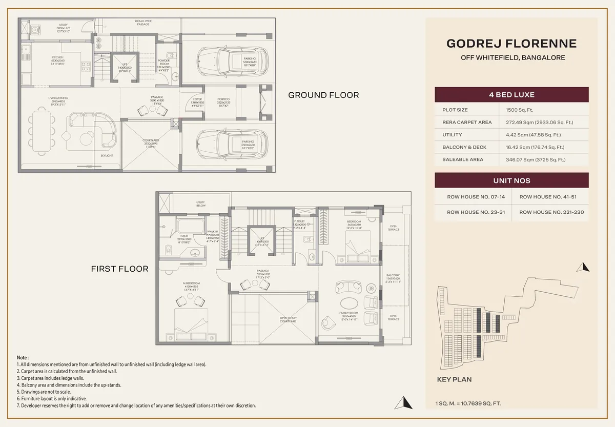 Godrej Florenne 4 Bed Luxe rowhouse floor plan showing the ground and first floor, on a 1,500 sq ft plot with 2,933 sq ft RERA carpet area