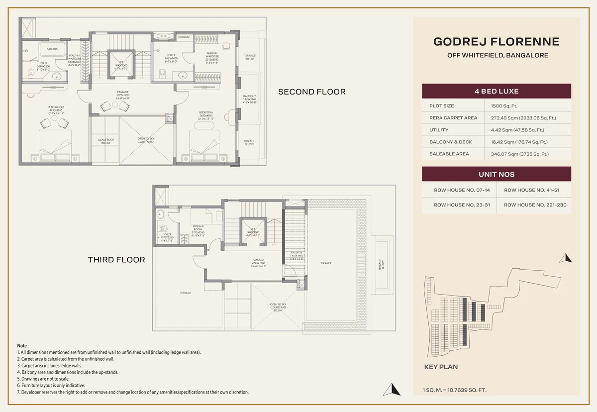 Godrej Florenne 4 Bed Luxe rowhouse floor plan showing the second and third floor, with a private lift and open terraces