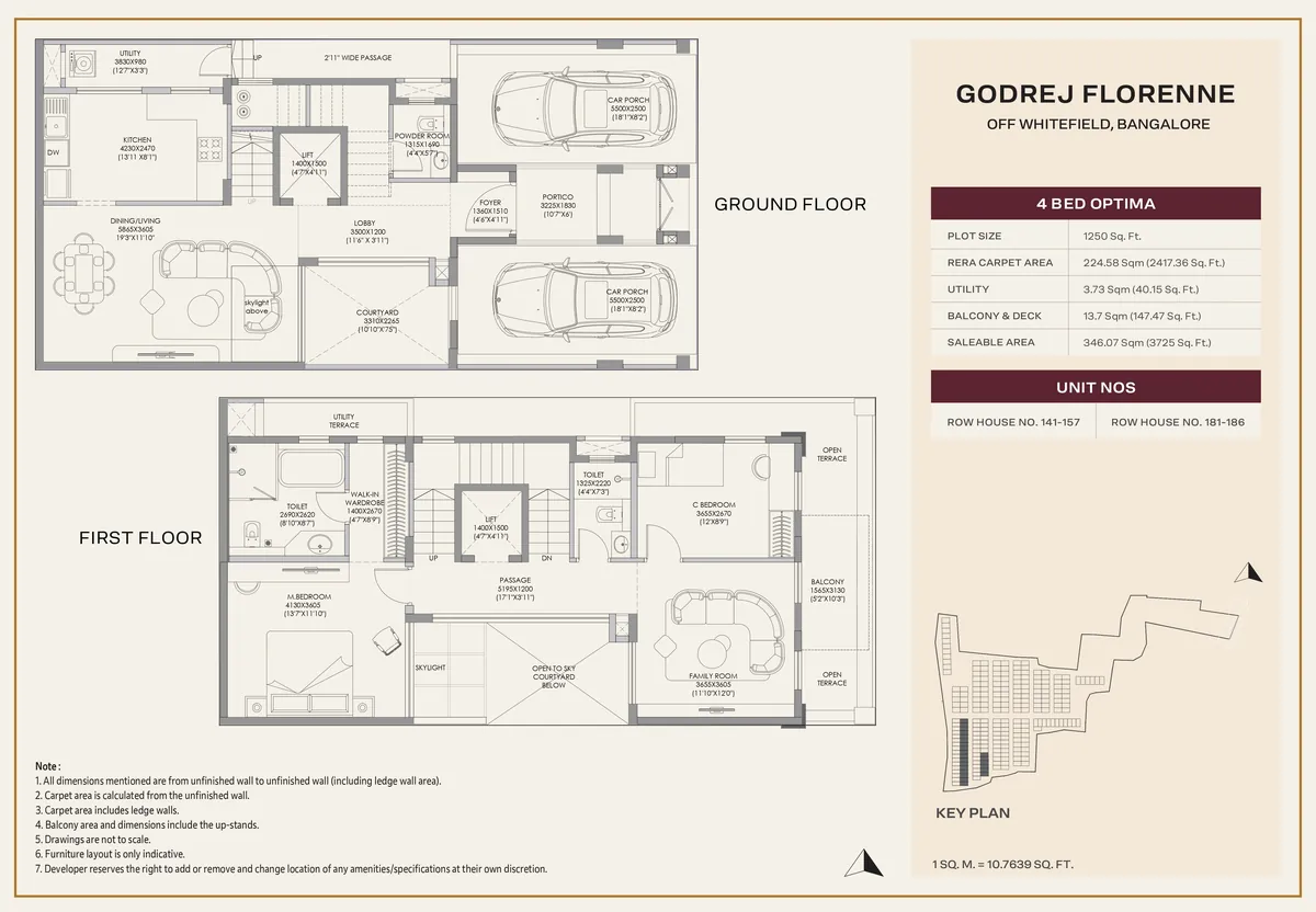 Godrej Florenne 4 Bed Optima rowhouse floor plan showing the ground and first floor, on a 1,250 sq ft plot with 2,417 sq ft RERA carpet area