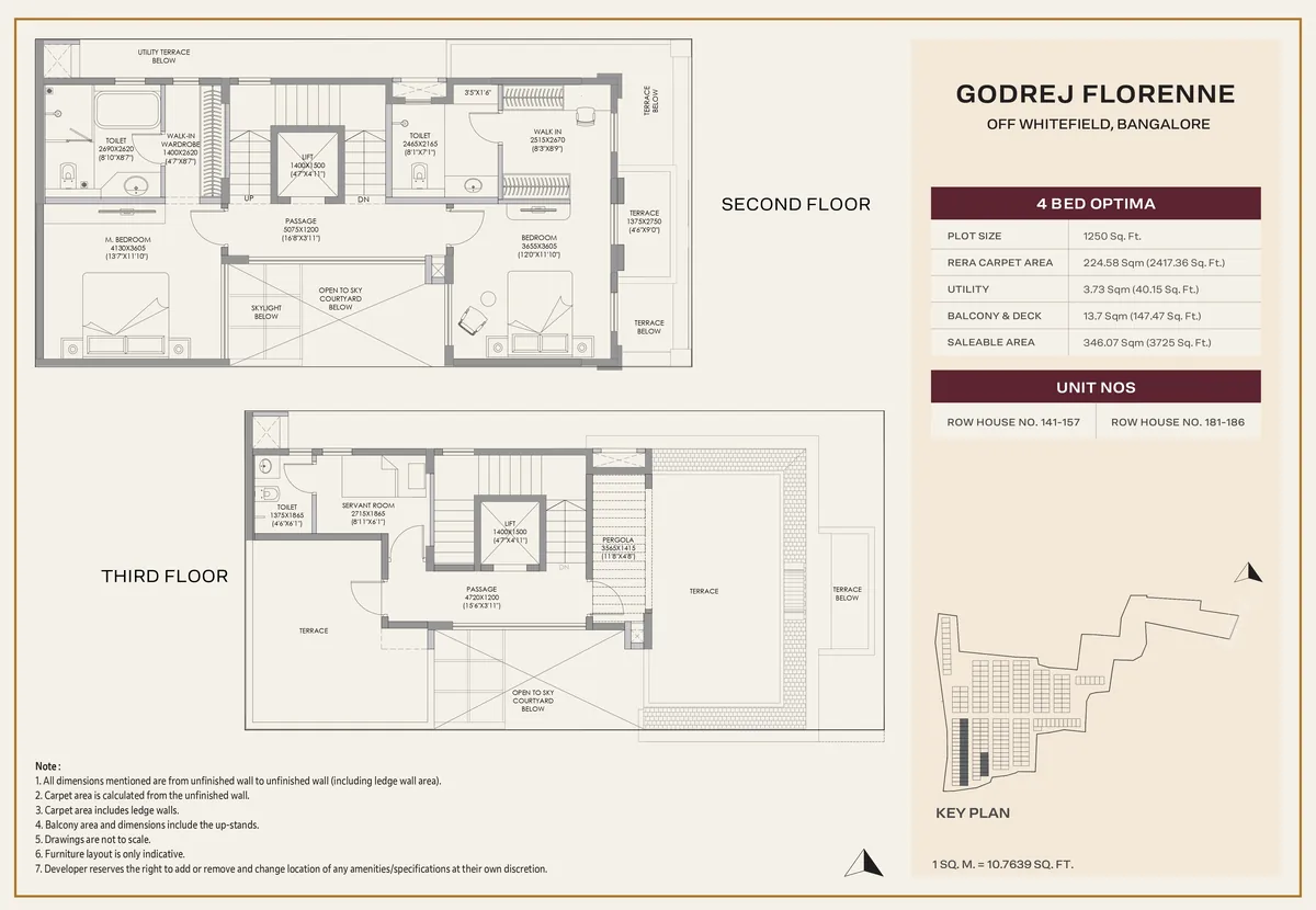 Godrej Florenne 4 Bed Optima rowhouse floor plan showing the second and third floor, with a private lift and open terraces