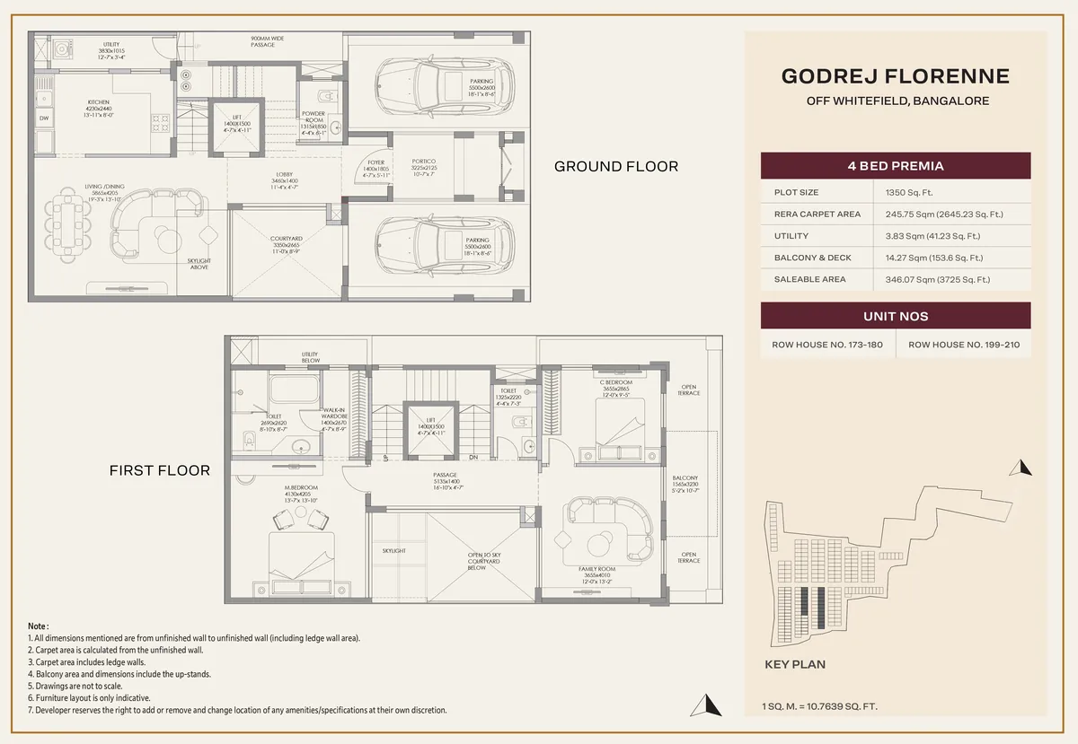 Godrej Florenne 4 Bed Premia rowhouse floor plan showing the ground and first floor, on a 1,350 sq ft plot with 2,645 sq ft RERA carpet area