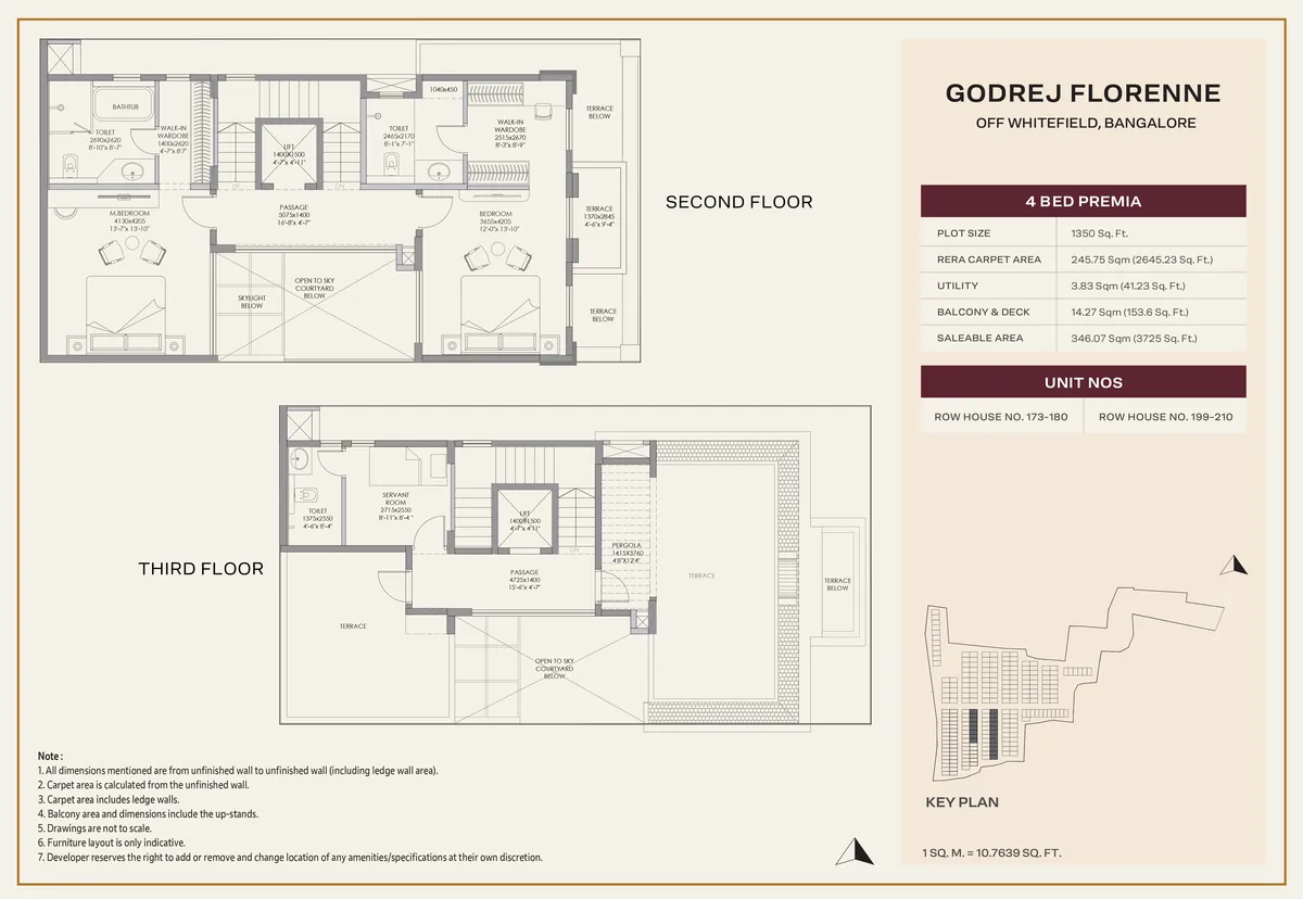 Godrej Florenne 4 Bed Premia rowhouse floor plan showing the second and third floor, with a private lift and open terraces