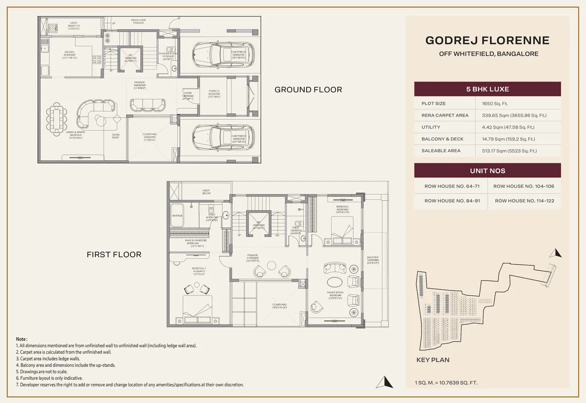 Godrej Florenne 5 Bed Luxe rowhouse floor plan showing the ground and first floor, on a 1,650 sq ft plot with 3,656 sq ft RERA carpet area