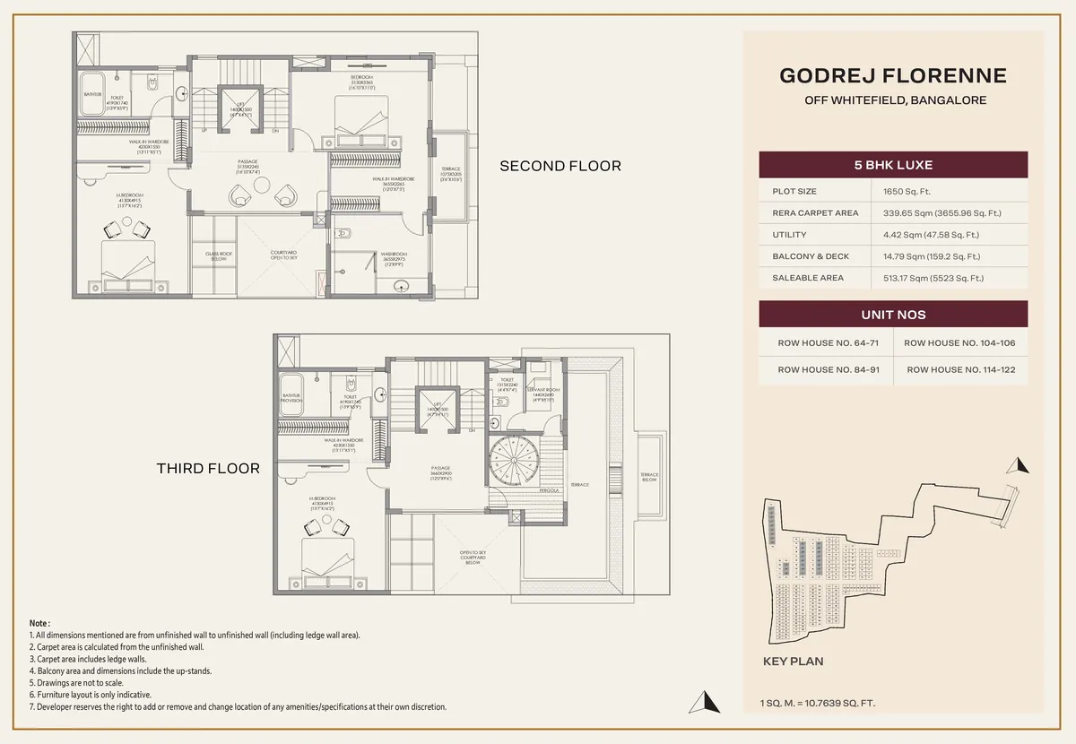 Godrej Florenne 5 Bed Luxe rowhouse floor plan showing the second and third floor, with a private lift and open terraces
