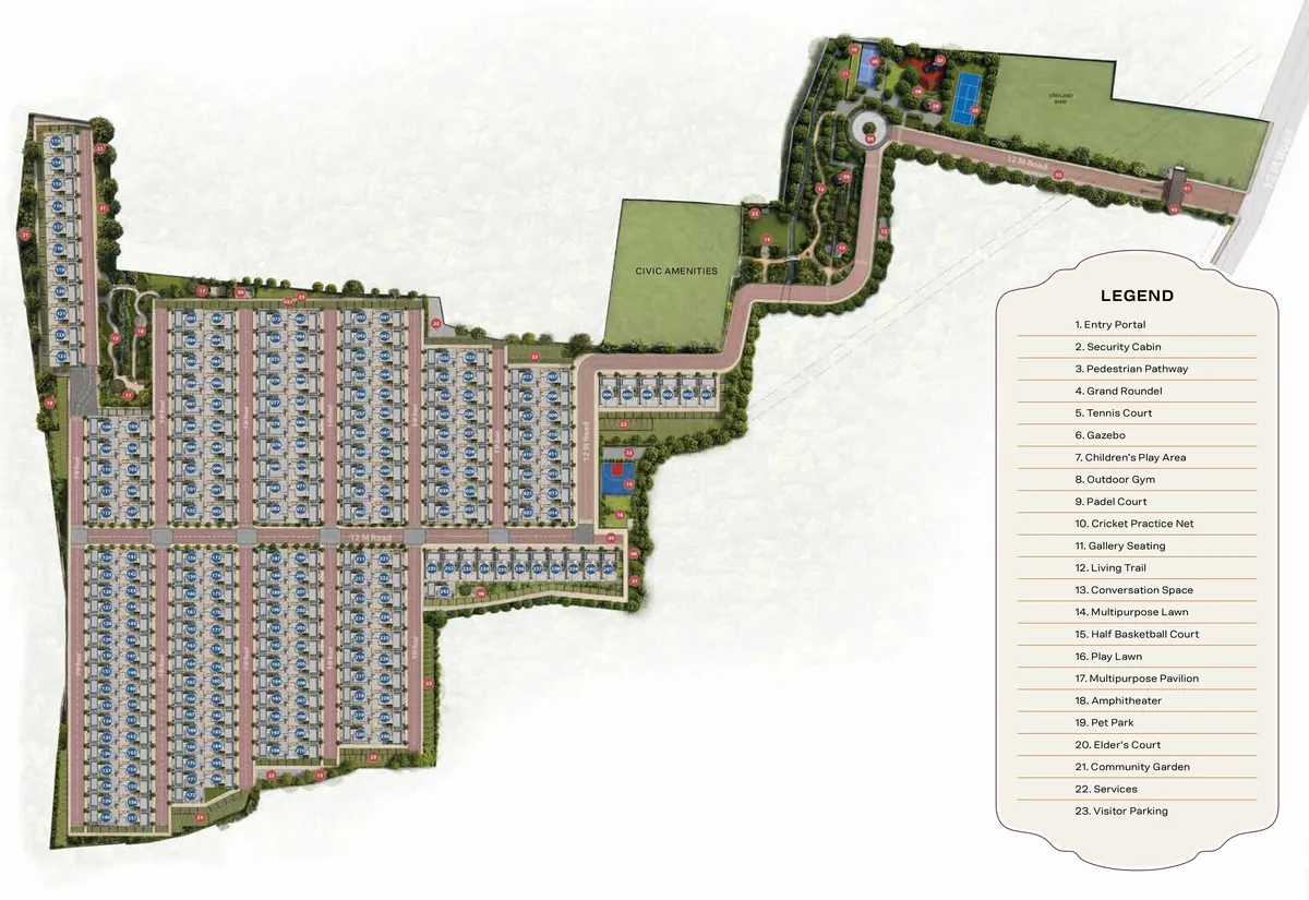 Godrej Florenne master layout plan across 20 acres on Soukya Road, off Whitefield, showing the rowhouse clusters, the civic amenities area and a 23-point amenity legend